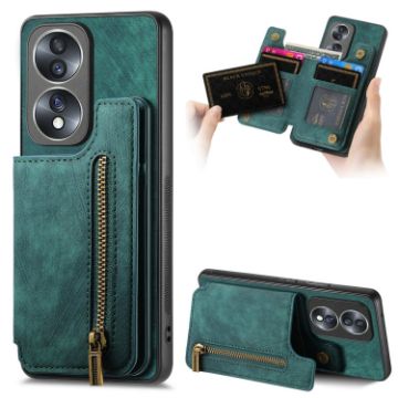 For Honor 70 Retro Leather Zipper Wallet Back Phone Case Green - 1