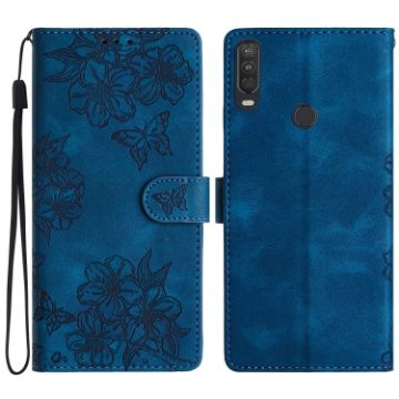 Motorola One Action Cherry Blossom Butterfly PU Phone Case (Blue) - 1