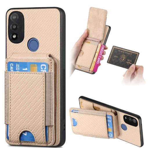 Motorola Moto E20/E30 Carbon Fiber Wallet Stand Phone Case - Khaki - 1
