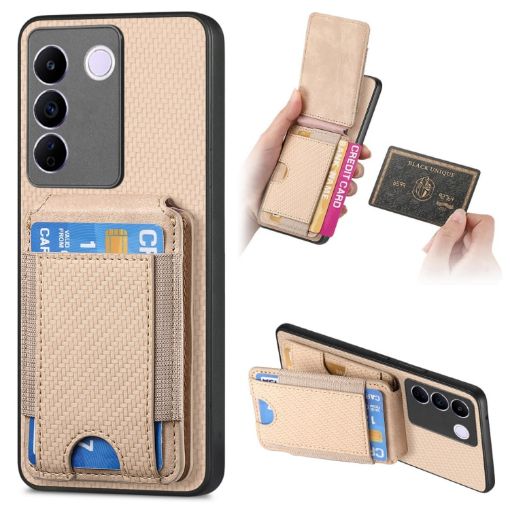 Vivo S16/V27 Carbon Fiber Wallet Stand Phone Case - Khaki - 1