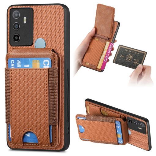OPPO A53/A53S Carbon Fiber Wallet Stand Phone Case - Brown - 1