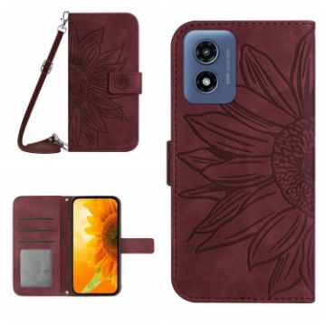 Motorola Moto E14 HT04 Sun Flower Embossed Leather Phone Case - Wine Red - 1