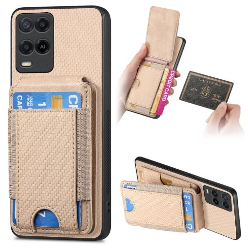 Realme 8 5G Carbon Fiber Wallet Stand Case - Khaki - 1