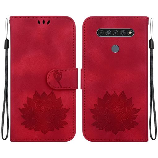 Red LG K61 Lotus Embossed Leather Phone Case - 1