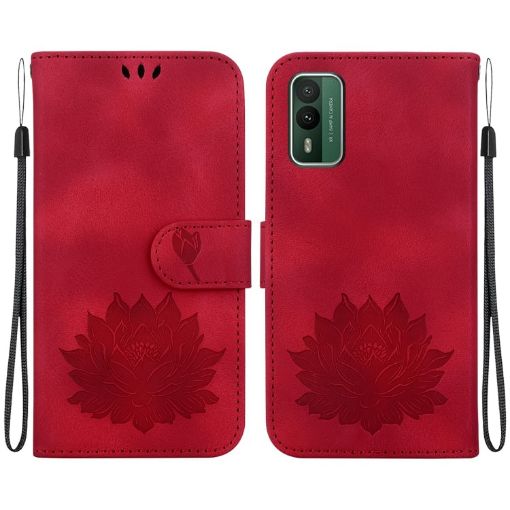 Nokia XR21 Lotus Embossed Leather Phone Case - Red - 1