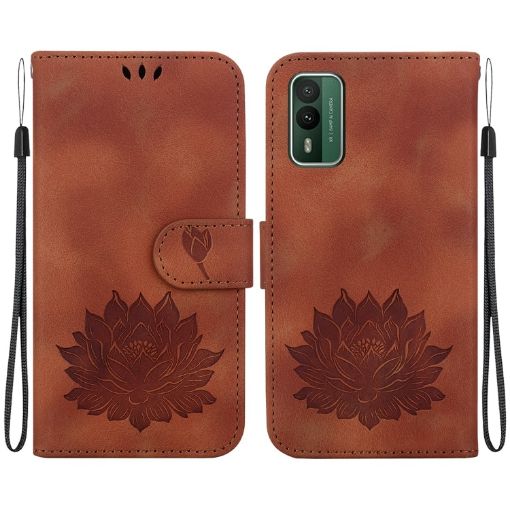 Nokia XR21 Lotus Embossed Leather Phone Case - Brown - 1