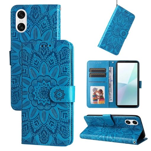 Sony Xperia 10 VI Blue Leather Phone Case - Embossed Sunflower - 1