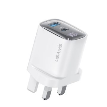 USAMS CC231 30W USB+USB-C Dual Port Charger, UK Plug (White) - 1