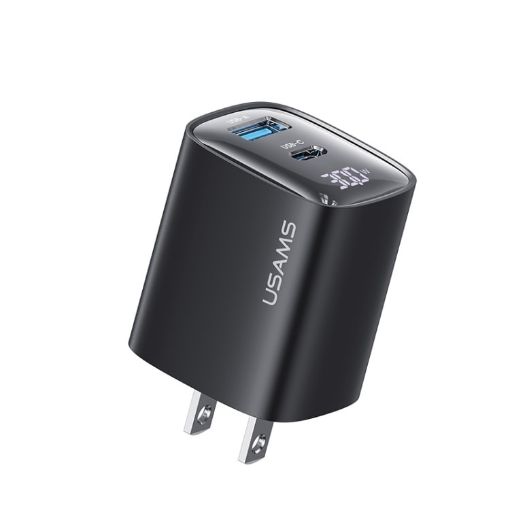 USAMS CC230 30W USB+USB-C Dual Port Charger, US Plug (Black) - 1
