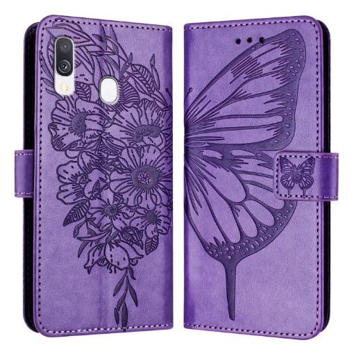 Samsung Galaxy A40 Embossed Butterfly Leather Phone Case - Light Purple - 1