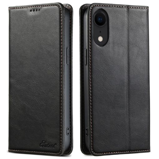 iPhone XR Suteni J02 Oil Wax Wallet Leather Phone Case - Black - 1