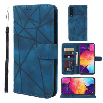 Samsung Galaxy A50 Blue Leather Phone Case - Geometric Lines Skin Feel - 1