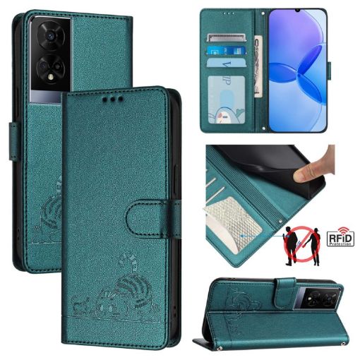 TCL 50XE 5G Cat Rat Embossed Pattern RFID Leather Phone Case - Peacock Green - 1