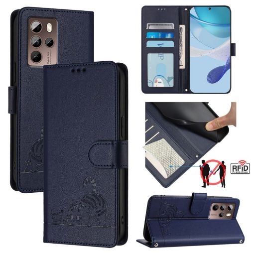 HTC U24 Pro Cat Rat Embossed Pattern RFID Leather Phone Case (Blue) - 1