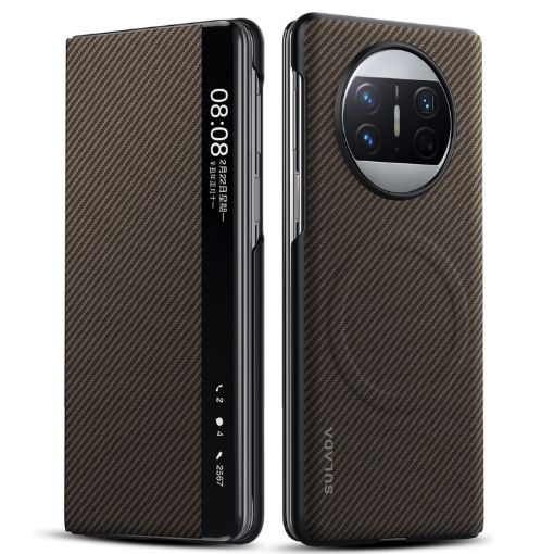 Huawei Mate X3 SULADA Kevlar 600D Texture Smart Window Leather Phone Case - Brown - 1