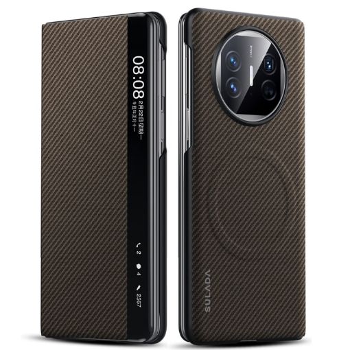 SULADA Kevlar 600D Texture Smart Window Leather Phone Case for Huawei Mate X5 (Brown) - 1