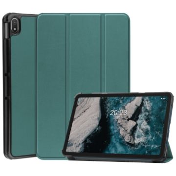 Nokia T20 Three-folding Holder Leather Tablet Case - Dark Green - 1