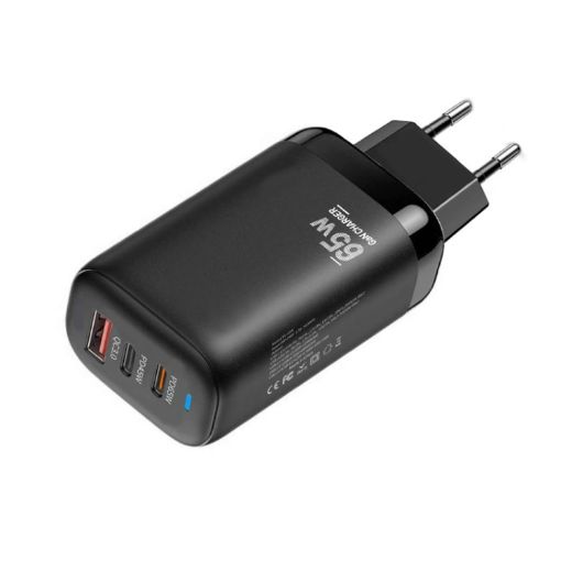 TE-65W GaN PD65W Dual USB-C+USB-A Laptop/Tablet Adapter EU Plug Black - 1