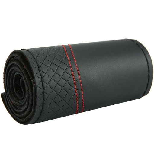 38cm Cowhide Double-Line Steering Wheel Cover - Black Red Line - 1