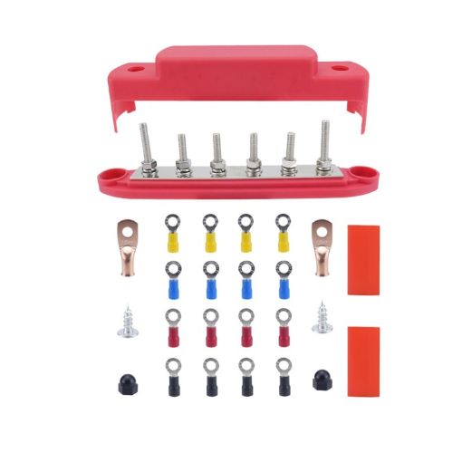 M6 RV Yacht High Current 6-column 250A Base Busbar, Red with Accessories - 1