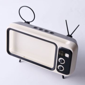 Retro Small TV Desktop Cell Phone Holder Bluetooth Speaker Silver Gray - 1