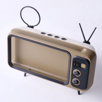 Retro Small TV Desktop Cell Phone Holder With Bluetooth Speaker (Brown) - 1