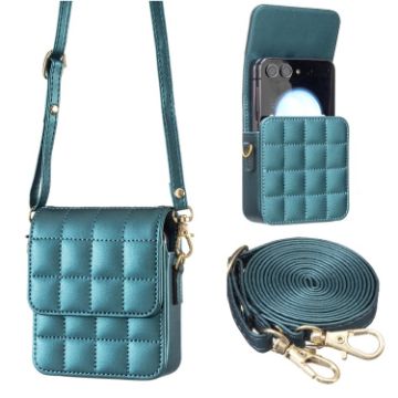 Samsung Galaxy Z Flip6 BFB04 Plaid Crossbody Fold Phone Bag Green - 1