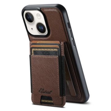 iPhone 15 Suteni H17 Cross Grain Leather MagSafe Wallet Case - Brown - 1