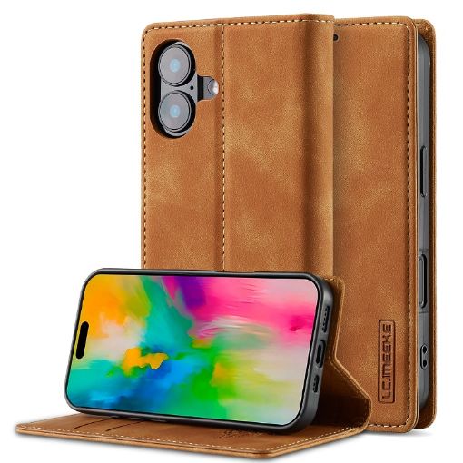 LC.IMEEKE iPhone 16 Plus Brown Leather Phone Case - 1