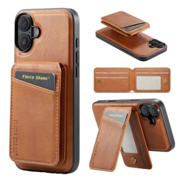 iPhone 16 Fierre Shann Oil Wax Cow Leather Magnetic Card Holder Phone Case - Brown - 1