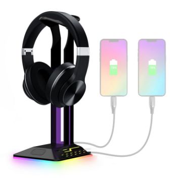 RGB Color Changing Gaming Headset Stand with Dual USB (Black) - 1