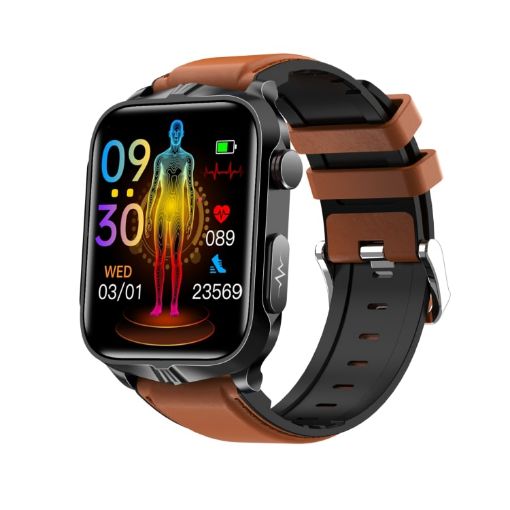 1.83" IPS TK11P Smart Watch, IP68 Waterproof, ECG, Leather Band - Brown - 1