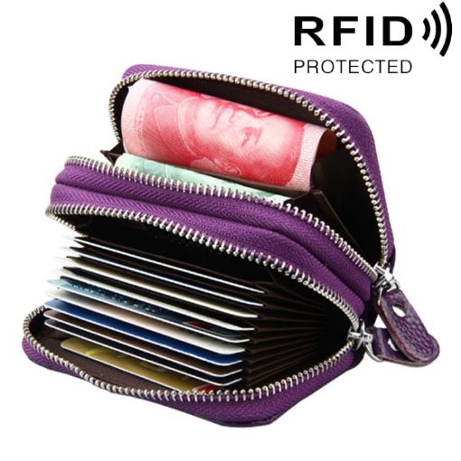 Purple Genuine Leather RFID Blocking Card Holder Wallet - 1