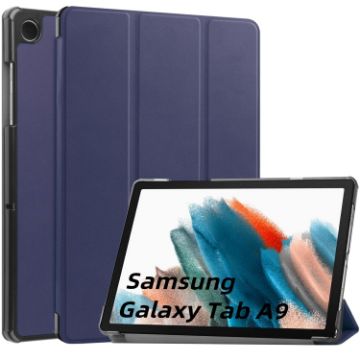 Galaxy Tab A9 Dark Blue Leather Case - Pure Color 3-Fold Holder - 1