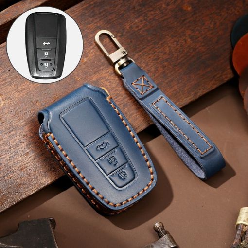 Hallmo Blue Leather Key Cover for 2018 Toyota Corolla 3-Button Keys - 1