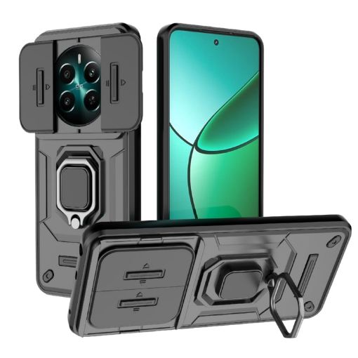 Realme 12+ 5G Black Shockproof Case with Holder & Sliding Camshield - 1