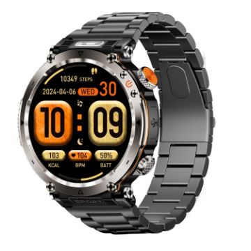 HT30 1.7" IP68 Smart Watch, Steel Band, Flashlight, Compass (Black) - 1