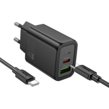 hoco N61 PD20W+QC3.0 Charger Set with 1m Type-C Cable EU Plug Black - 1