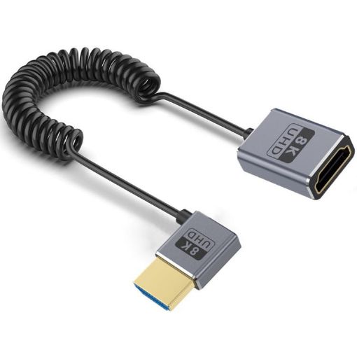 0.7m Coiled 8K 48Gbps HDMI 2.1 Cable, Male-Female Left Elbow - 1