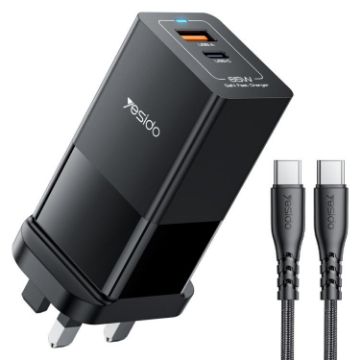 Yesido YC92 65W GaN Fast Charger, USB/USB-C Ports, UK Plug, Black - 1