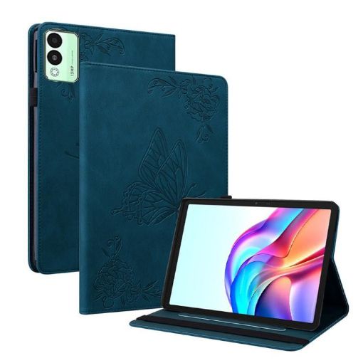 Tecno Megapad 11 Tablet Case - Blue Butterfly Flower Embossed Leather - 1