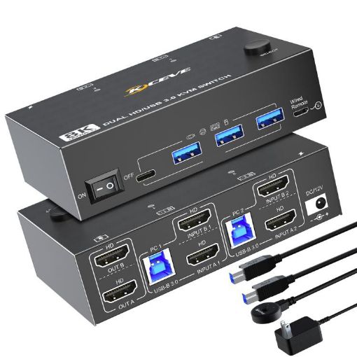 8K 60Hz Dual Monitor KVM Switch, USB3.0/HDMI, 2-Port, UK Plug - 1