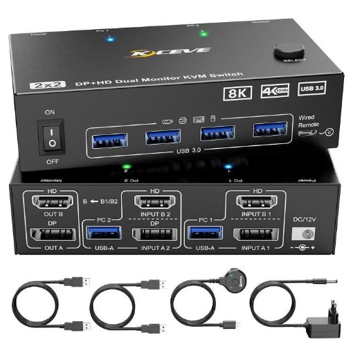 8K 60Hz HDMI DP USB3.0 Dual Monitor KVM Switch, US Plug - 1