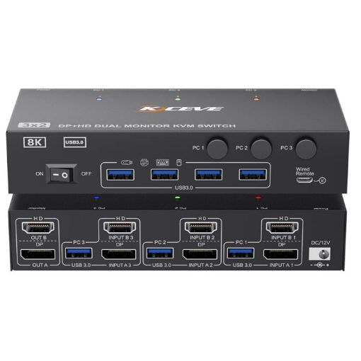 KCEVE KC-KVM302DH 8K 60Hz Dual Monitor KVM Switch, UK Plug - 1