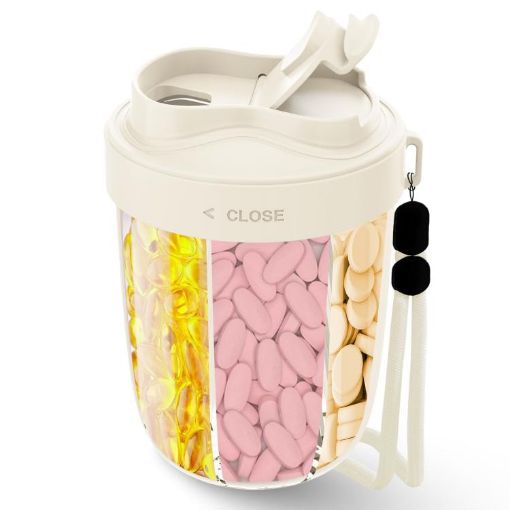 Beige Portable Medicine Organizer & Sealed Pill Storage Cup - 1