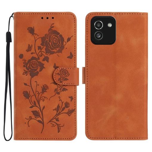 Samsung Galaxy A03 Brown Leather Case - Rose Embossing Pattern - 1