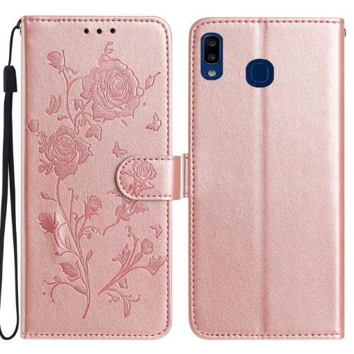 Samsung Galaxy A20e Rose Gold Embossed Flower Leather Case - 1