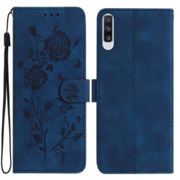 Samsung Galaxy A50 Dark Blue Rose Embossing Leather Case - 1