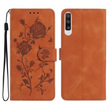 Samsung Galaxy A50 Leather Case Brown Rose Flower Embossed Pattern - 1