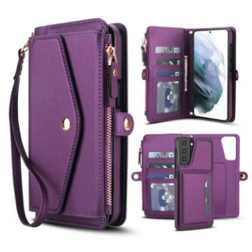 Samsung Galaxy S21+ 5G Leather Wallet Case with Lanyard - Dark Purple - 1